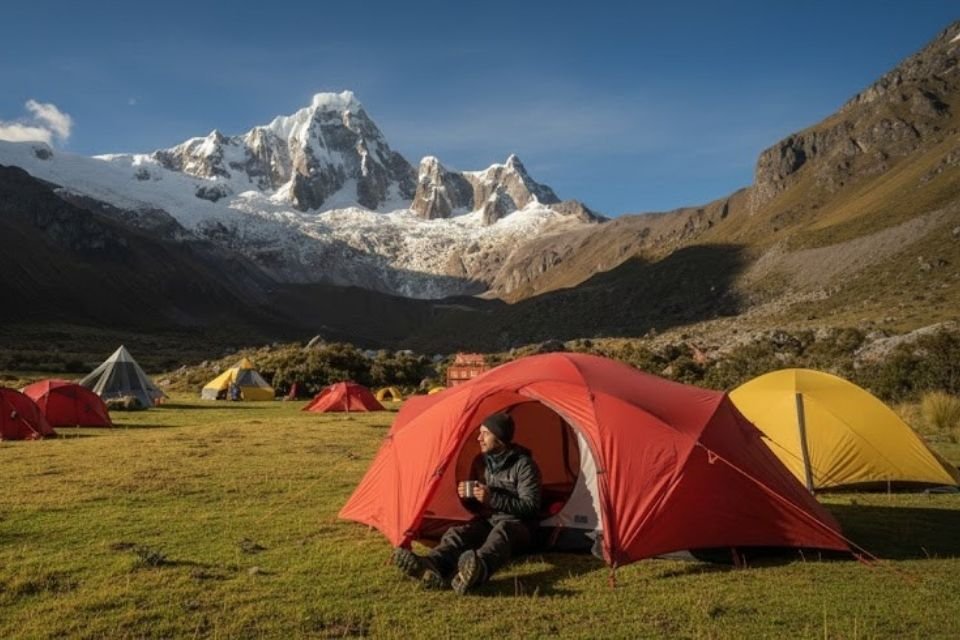 A professional trekking campsite at the foot of Mount Taulliraju in the Cordillera Blanca, featuring red and yellow expedition tents and a trekker enjoying a hot drink during the Santa Cruz trek.