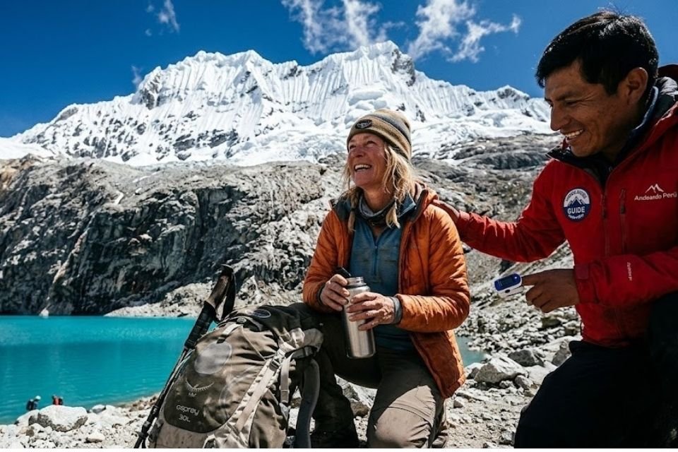 A triumphant hiker resting by the turquoise waters of Laguna 69 in Huaraz, safely guided by an Andeando Perú professional following a high-altitude success protocol under the snow-capped Chacraraju mountain.