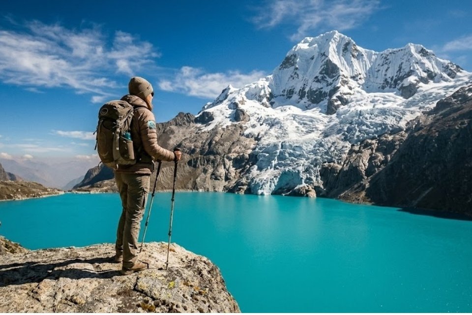 A single, awestruck female trekker from Andeando Peru stands in quiet solitude on a secret, rocky ledge high above Laguna Paron at 10:00 AM, overlooking the vast, empty, electric-turquoise water and the towering, snowy Artesonraju (Paramount) peak, illustrating the exclusive Andeando Protocol that guarantees pristine photo opportunities without the crowds.