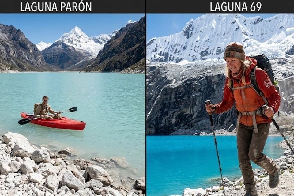 A side-by-side comparison of the two most famous lakes in Huaraz: the accessible, wide turquoise waters of Laguna Paron versus the challenging, high-altitude turquoise reward of Laguna 69, highlighting the different fitness levels required for each trek with Andeando Peru.