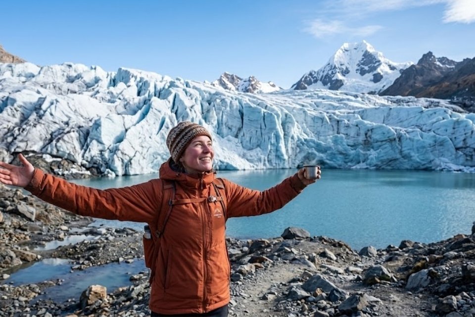 A happy traveler with open arms holding a steaming cup of coca tea at the Pastoruri Glacier in Huaraz. The image captures the sense of achievement at 17,224 feet, with the massive blue ice wall and a glacial lagoon in the background. Photo by Andeando Peru.