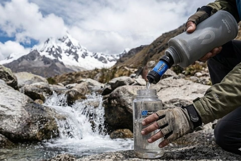 An authentic, documentary-style photograph capturing a hiker filtering fresh, glacial water on the Santa Cruz Trail in Huaraz, using professional filtration gear at a rocky stream with the weathered and hand-painted sign 'Santa Cruz Trail - Andeando Perú' visible in the background against the snow-capped Taulliraju peak.